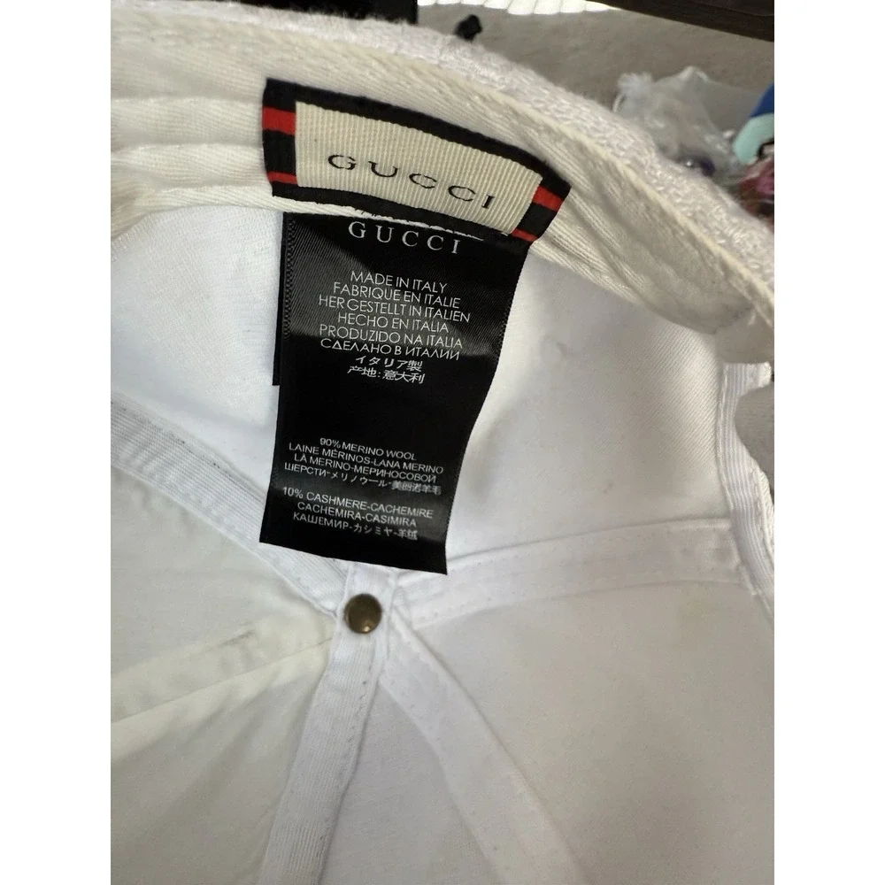 GUCCI Monogram Wool Cashmere Baseball Hat White Brown Leather‎ Logo Patch OSFM